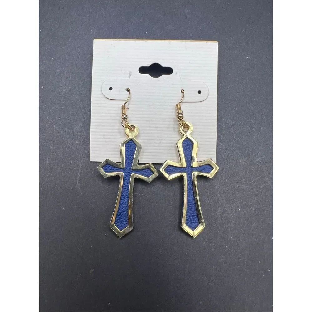 New Textured Blue Gold Tone Cross Dangle Drop Earrings